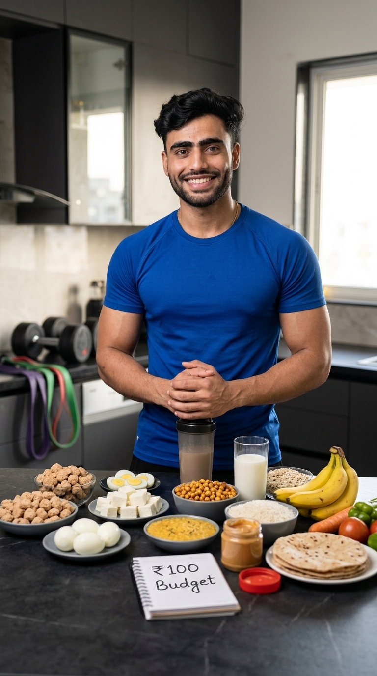 ₹100 high-protein Indian muscle gain diet with affordable foods including eggs, paneer, soy chunks, dal, milk, oats and bananas