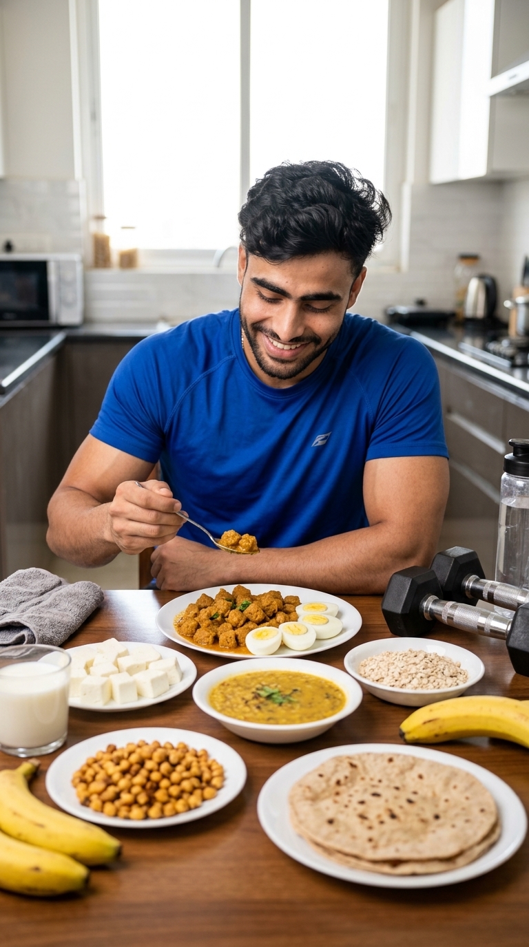 Balanced Indian muscle gain meal with soy chunks, eggs, paneer, dal, rice, oats, milk and bananas arranged on a table