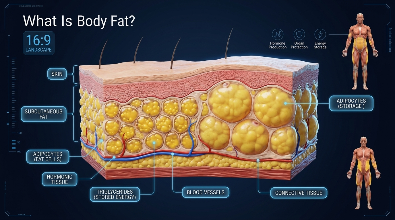 Scientific illustration showing adipose tissue with fat cells storing triglycerides beneath the skin.