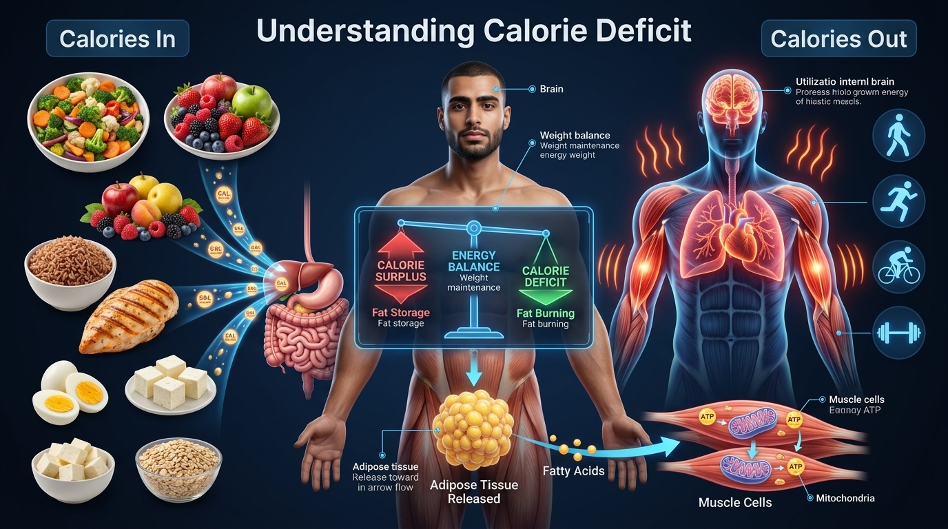 Scientific infographic illustrating calorie deficit with calories in, calories out, energy balance, and body fat being used for fuel.