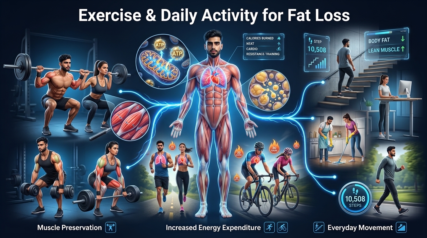 Scientific infographic showing strength training, cardio exercise, daily walking, NEAT, muscle preservation, and increased calorie expenditure.