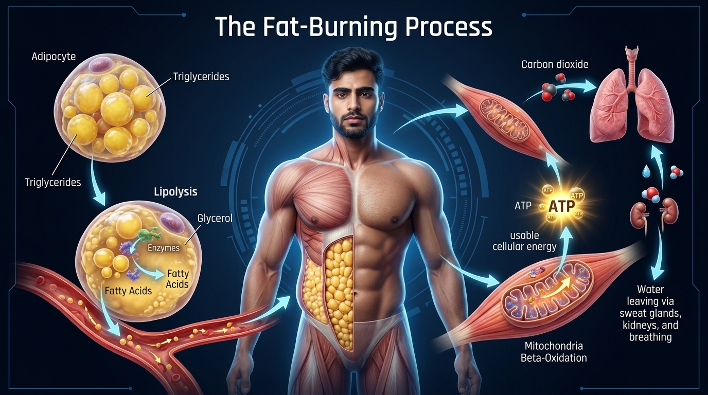 Scientific infographic illustrating lipolysis, fatty acid transport, beta-oxidation inside mitochondria, ATP production, carbon dioxide, and water release.