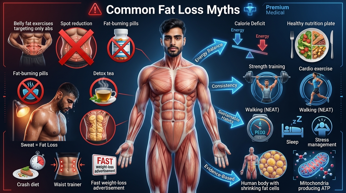 Scientific infographic comparing common fat loss myths with evidence-based facts about metabolism, spot reduction, dieting, exercise, and body fat.