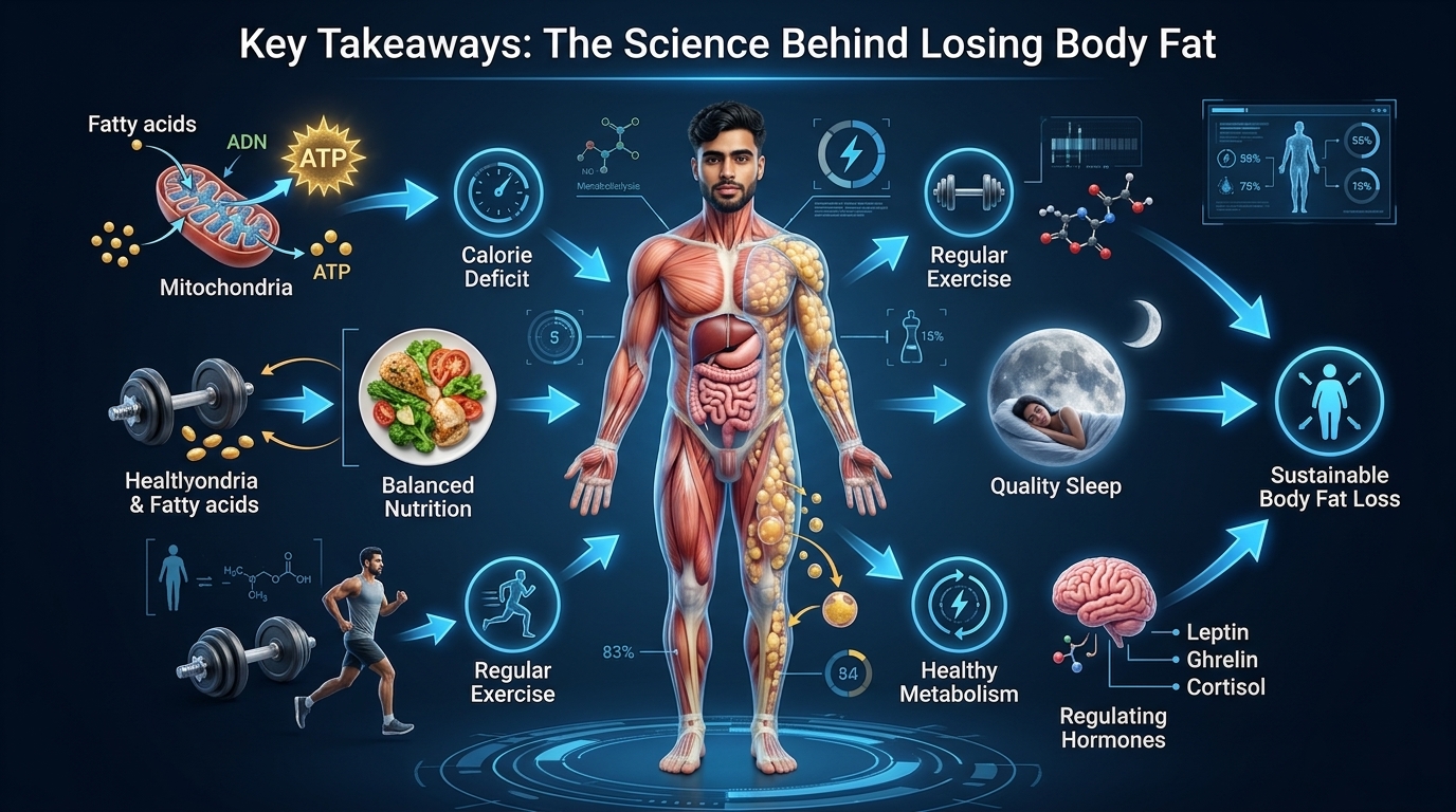 Scientific infographic summarizing the essential principles of sustainable body fat loss, including calorie deficit, metabolism, nutrition, exercise, sleep, stress management, and healthy lifestyle habits.