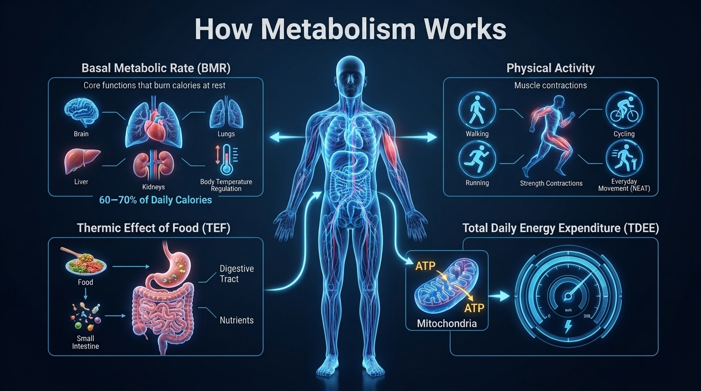 Scientific infographic illustrating basal metabolic rate, physical activity, food digestion, and total daily energy expenditure.