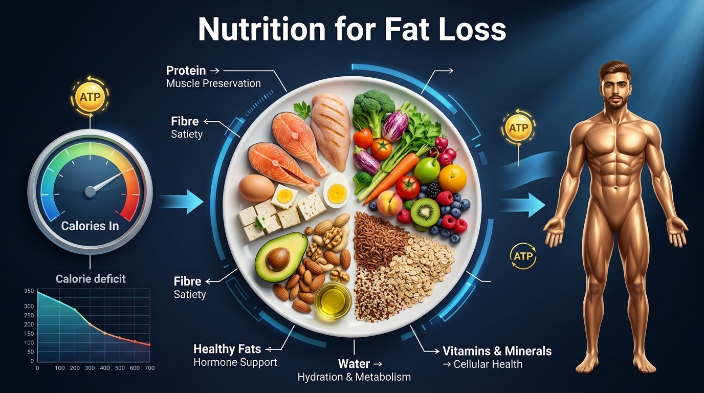 Scientific infographic showing a balanced fat-loss plate with lean protein, vegetables, whole grains, healthy fats, hydration, and calorie balance.
