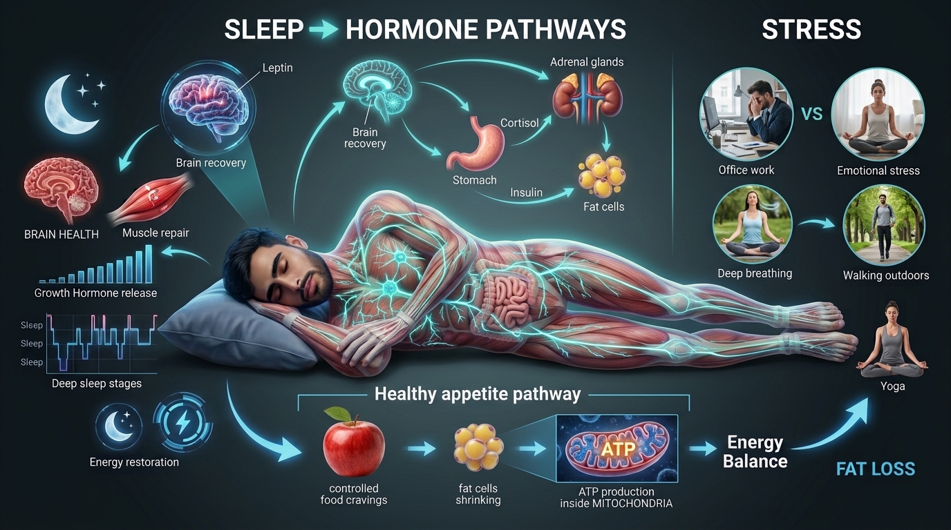 Scientific infographic illustrating sleep, cortisol, leptin, ghrelin, stress, appetite regulation, recovery, and body fat loss.
