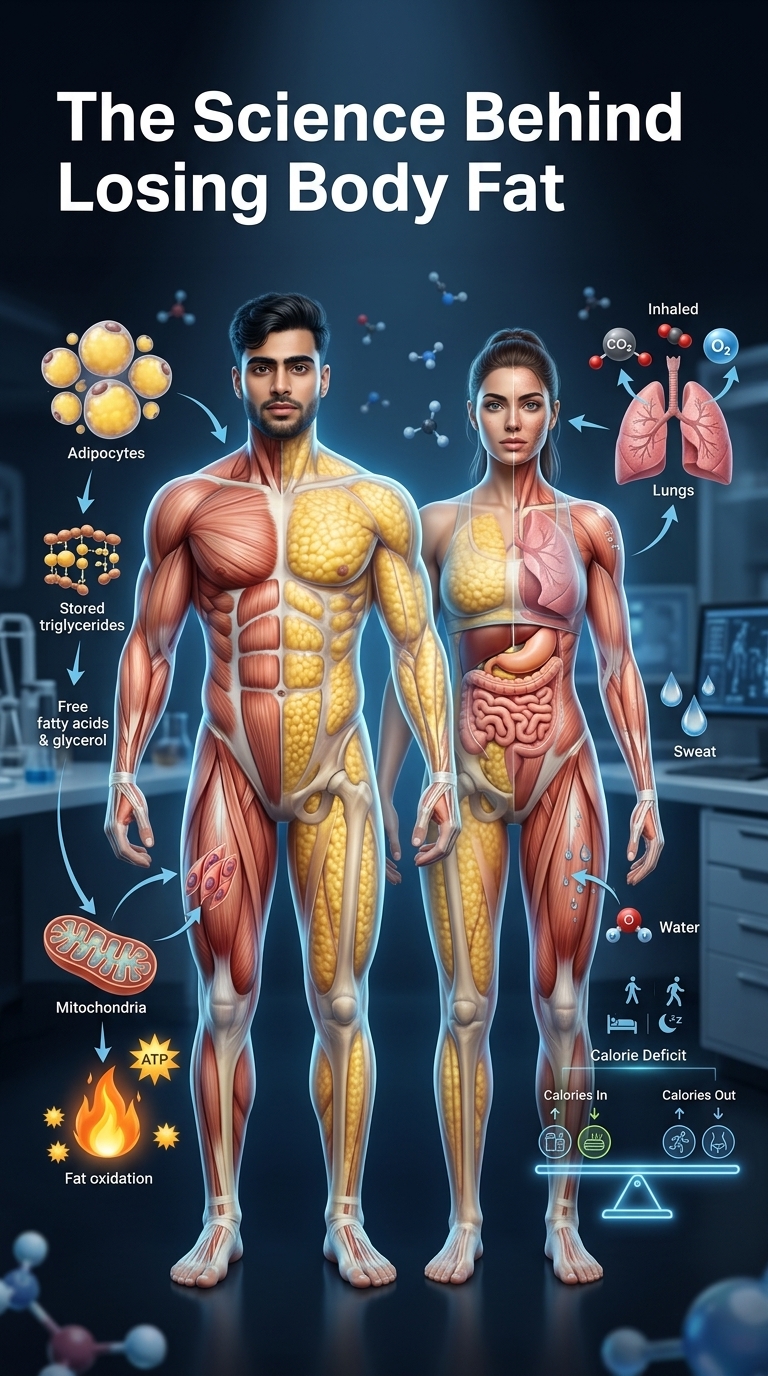Scientific illustration showing body fat metabolism with a fit human body, adipose tissue, fat cells releasing energy, calorie deficit, metabolism icons, healthy foods, exercise, and body composition concepts.