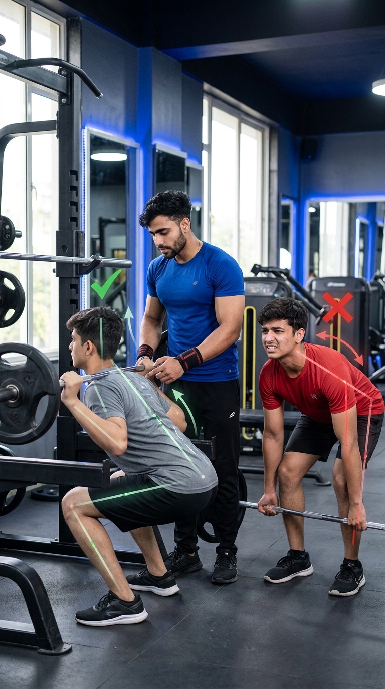 Beginner making common gym mistakes while a fitness coach demonstrates proper exercise technique in a modern gym