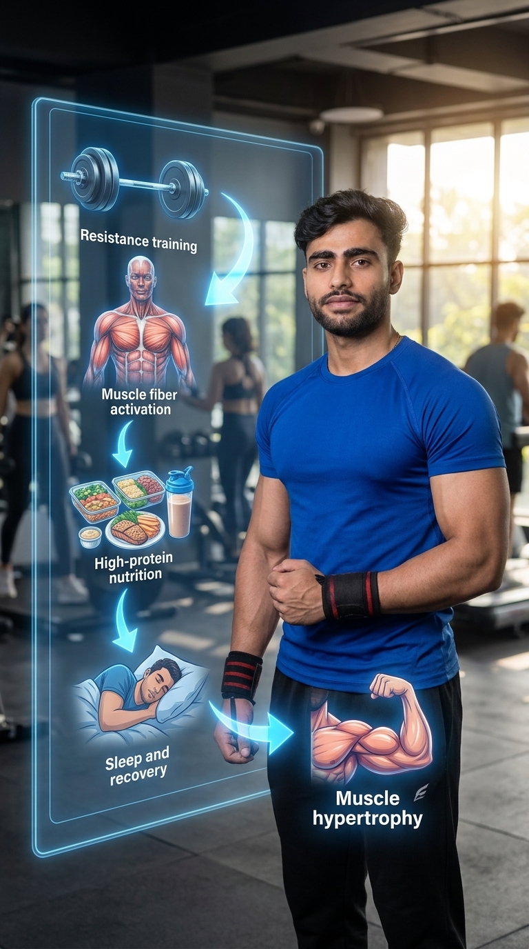 Fitness coach teaching a beginner the step-by-step process of building muscle through proper training, nutrition, recovery, and consistency