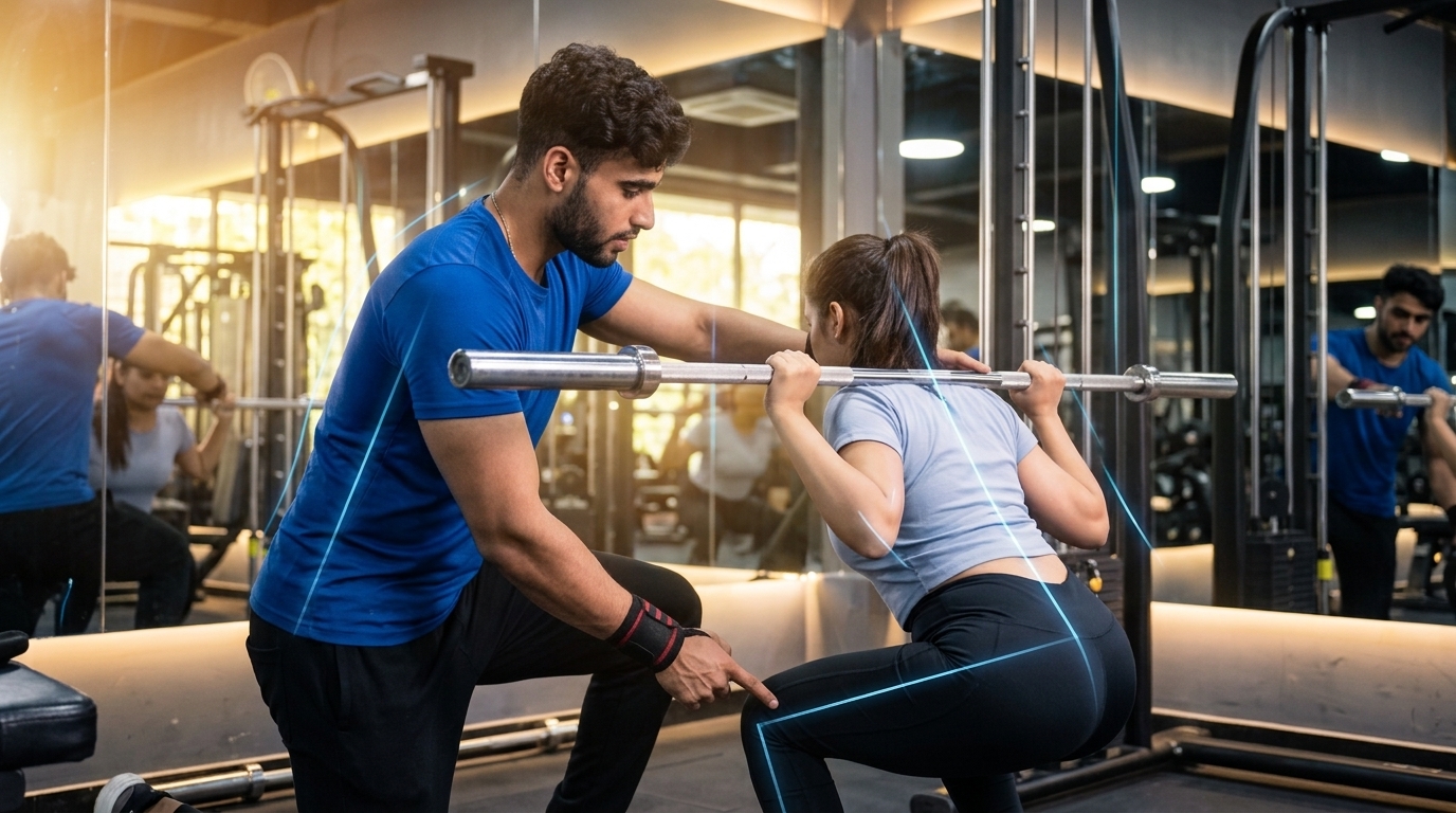 Fitness coach teaching proper exercise form to a beginner