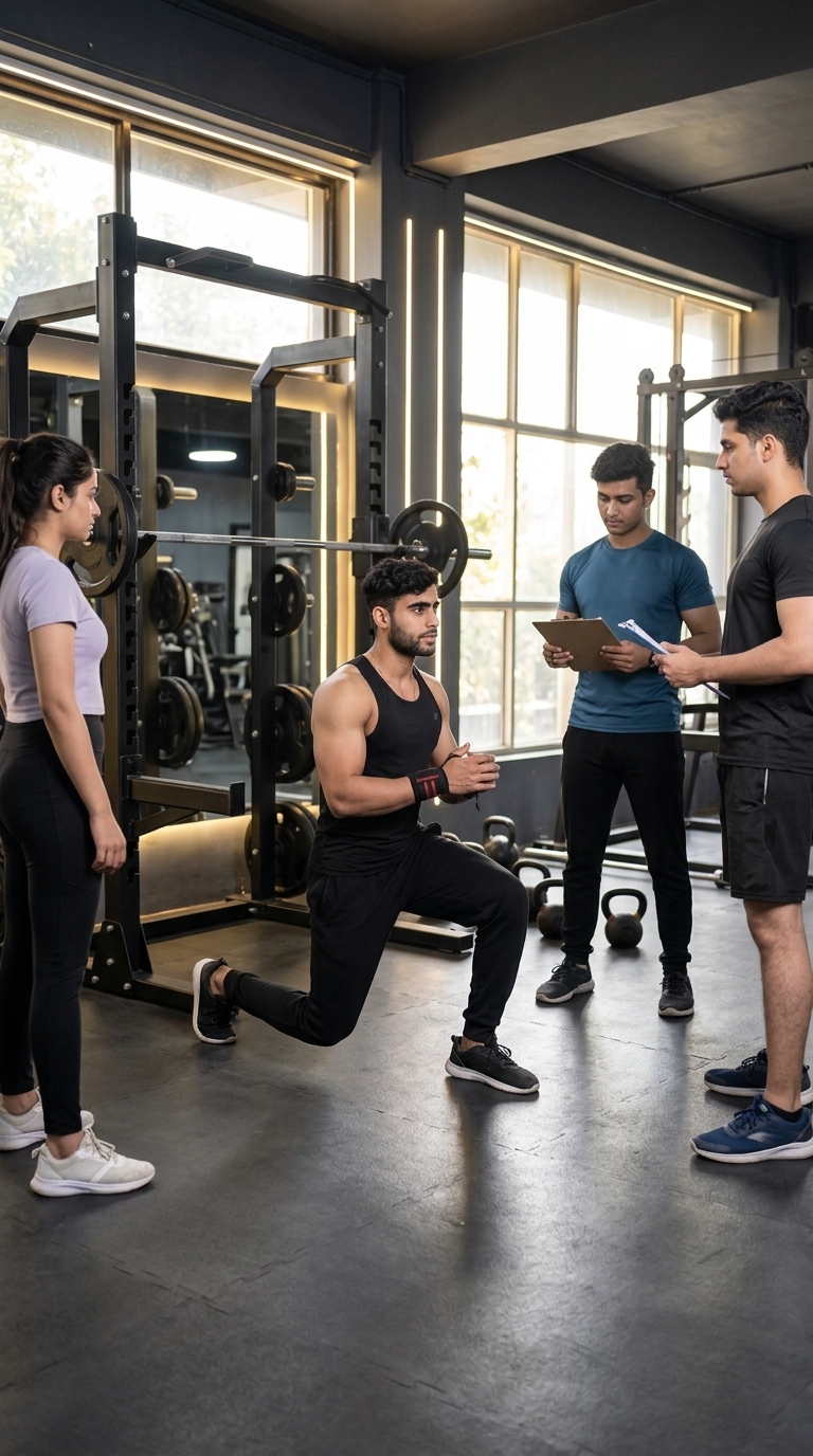 Fitness coach demonstrating a proper dynamic warm-up before strength training in a modern gym
