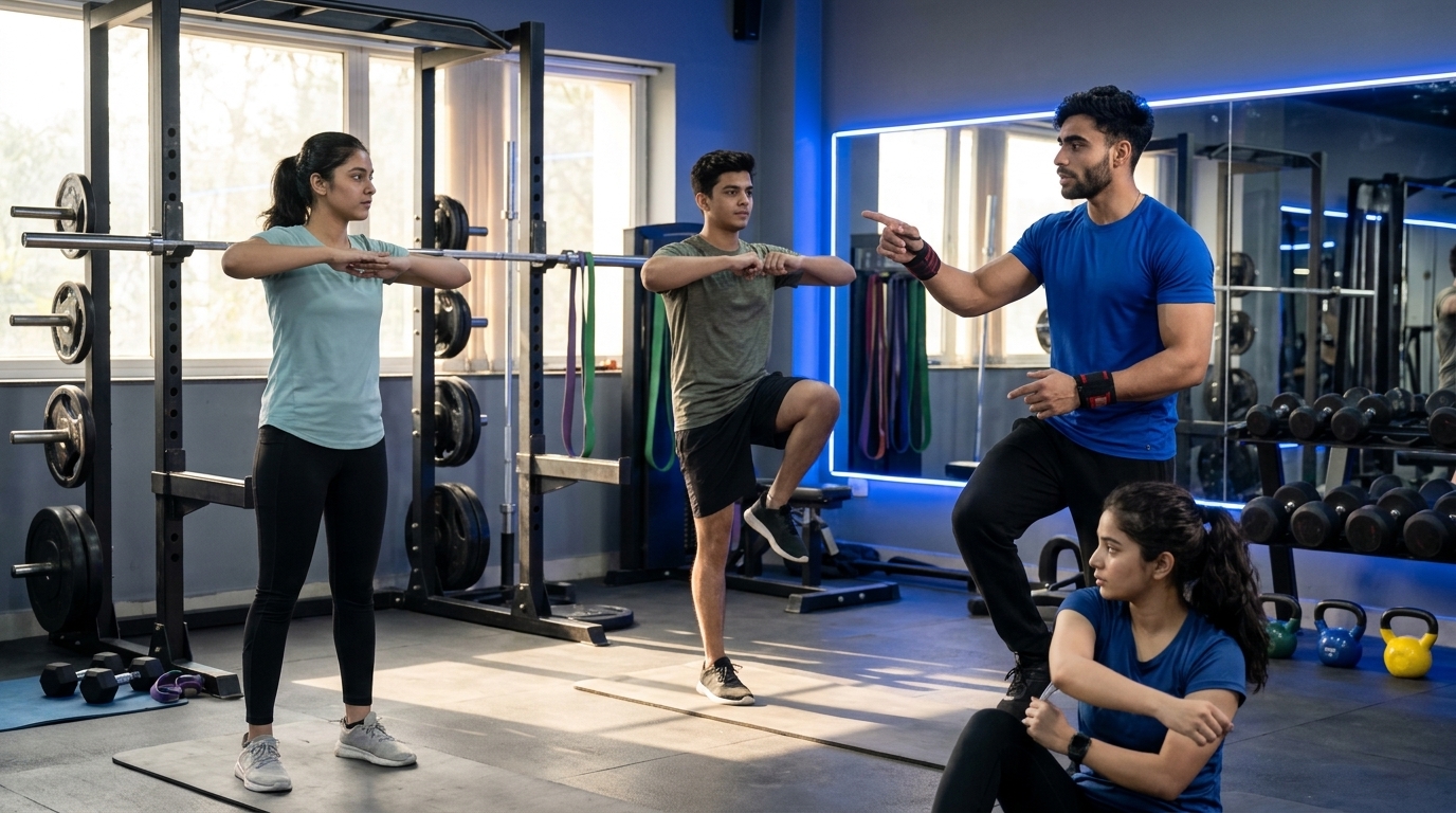 Beginner performing a proper dynamic warm-up before lifting weights