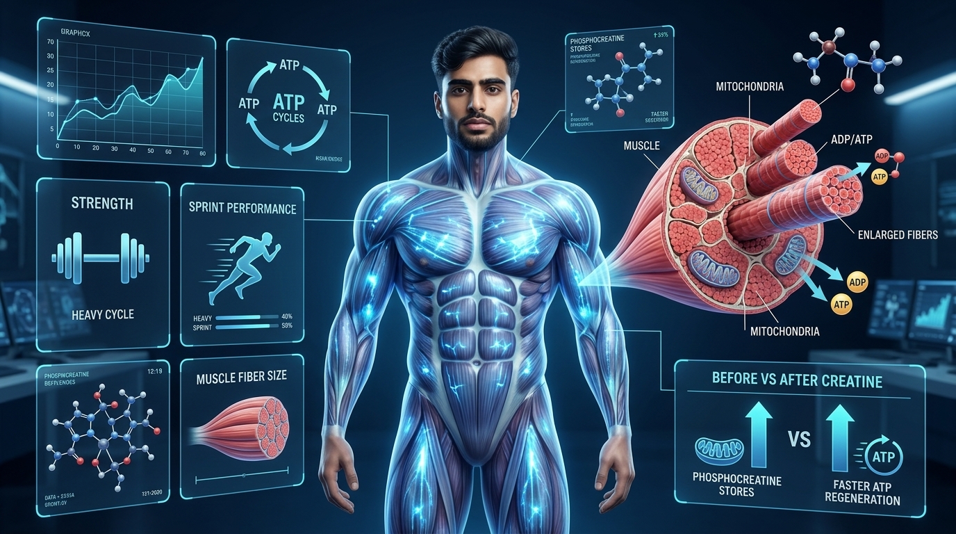 Scientific illustration showing creatine improving ATP regeneration, muscle strength, power, recovery, and exercise performance.