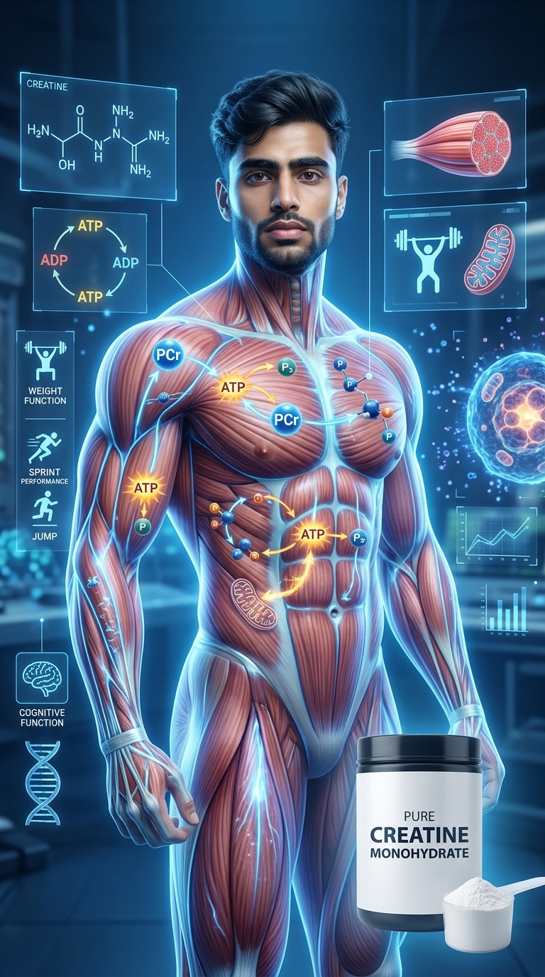 Scientific illustration showing creatine molecules, skeletal muscles, ATP energy production, phosphocreatine system, muscle strength, exercise performance, and creatine monohydrate supplementation.