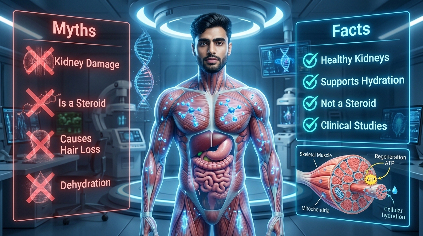 Scientific illustration comparing common creatine myths with evidence-based facts, including kidney health, hydration, steroids, muscle growth, and long-term safety.