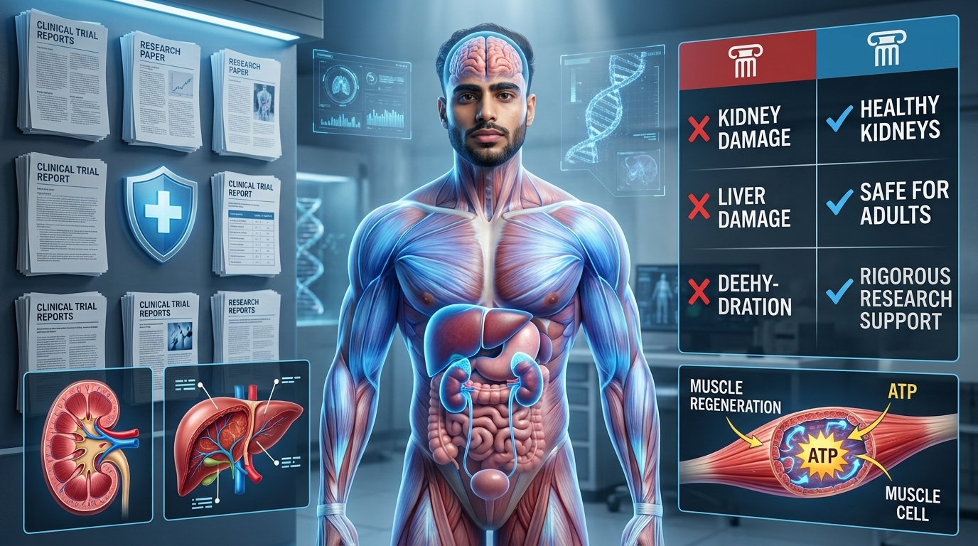 Scientific illustration showing creatine safety, healthy kidneys, hydration, recommended dosage, and evidence-based research supporting safe supplementation.