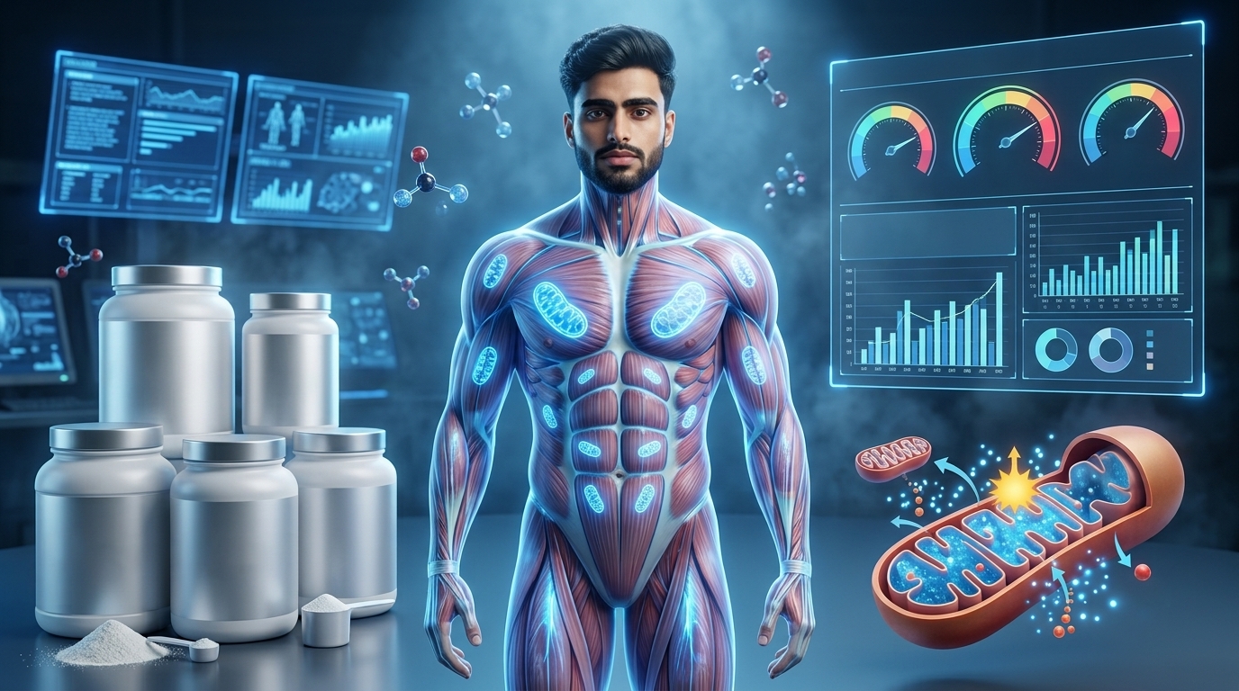 Scientific illustration comparing different forms of creatine supplements with creatine monohydrate highlighted as the most researched and effective option.