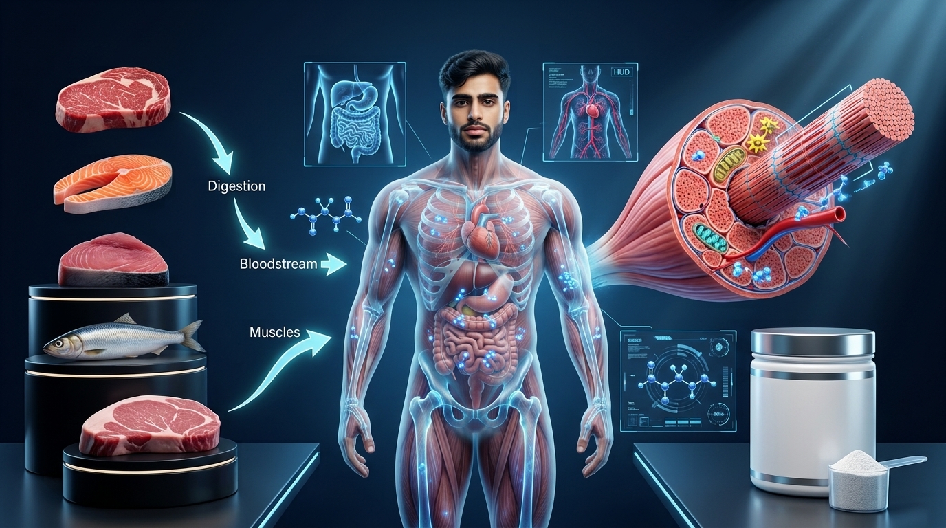Scientific illustration showing natural food sources of creatine, digestion, absorption into the bloodstream, storage as phosphocreatine inside skeletal muscles, and creatine monohydrate supplementation.