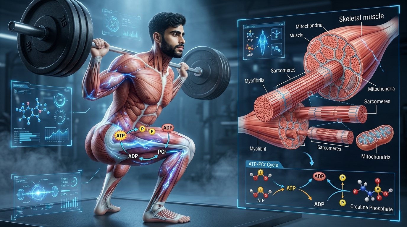 Scientific illustration showing phosphocreatine regenerating ATP inside skeletal muscle cells during high-intensity exercise.