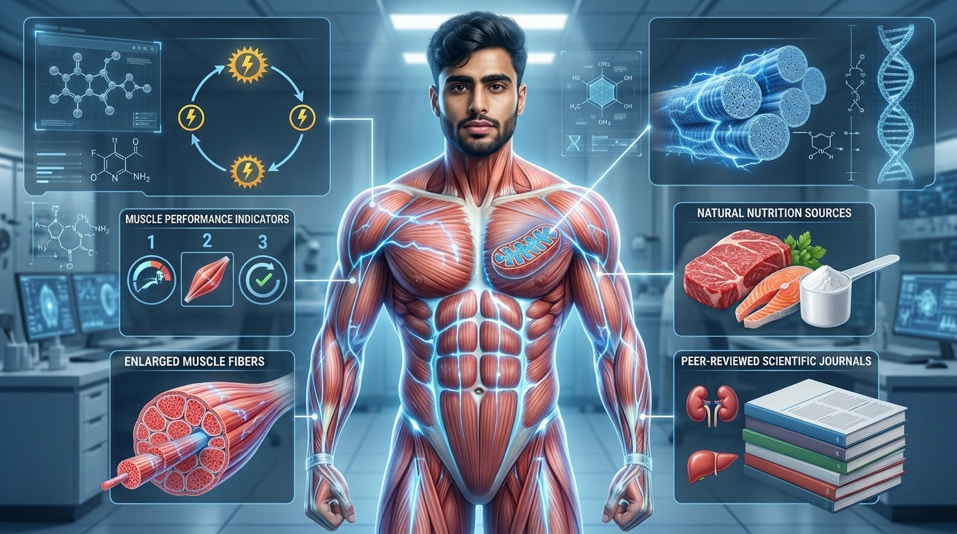 Scientific infographic summarizing the essential concepts of creatine, including ATP regeneration, phosphocreatine storage, exercise performance, muscle strength, recommended dosage, safety, and evidence-based supplementation.
