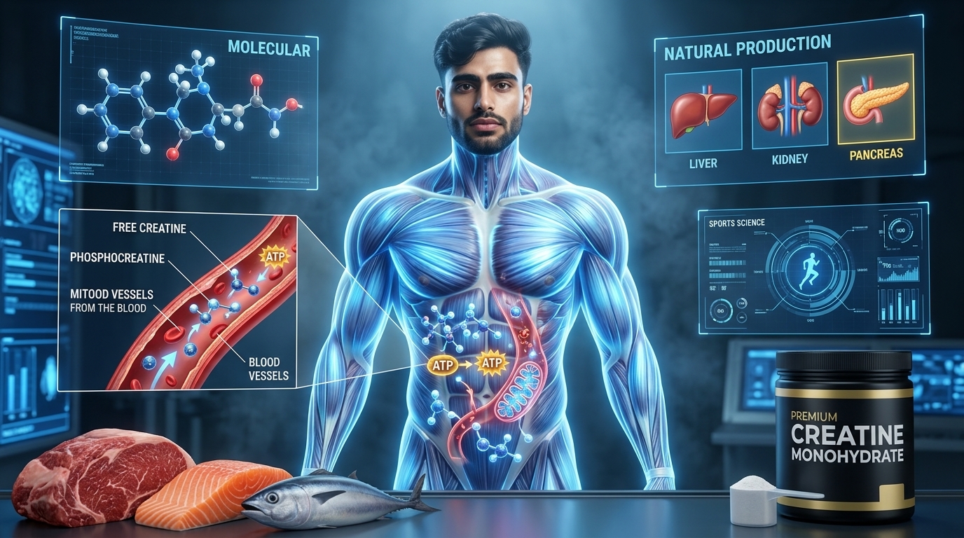 Scientific illustration showing creatine stored inside skeletal muscle cells as phosphocreatine, supporting ATP regeneration during high-intensity exercise.