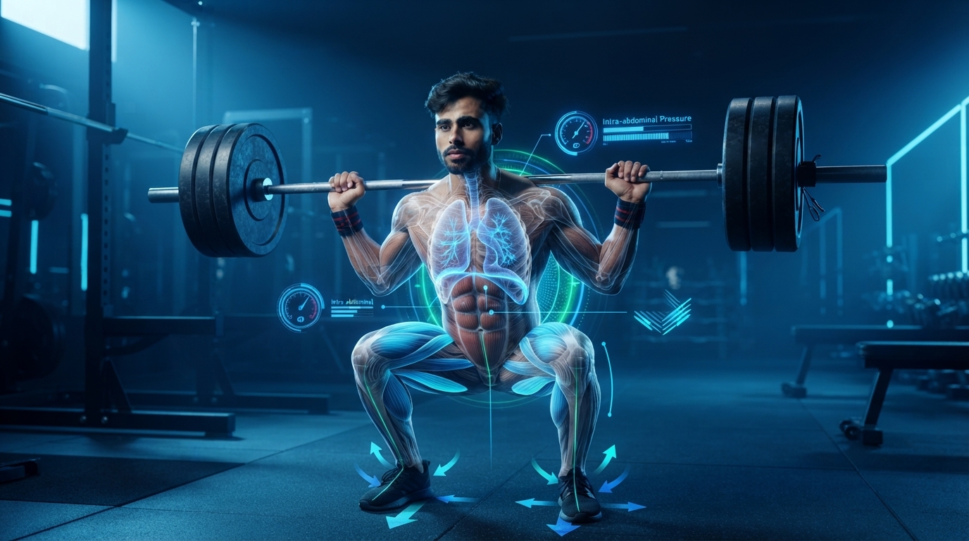 Illustration showing proper breathing and core bracing during a squat.