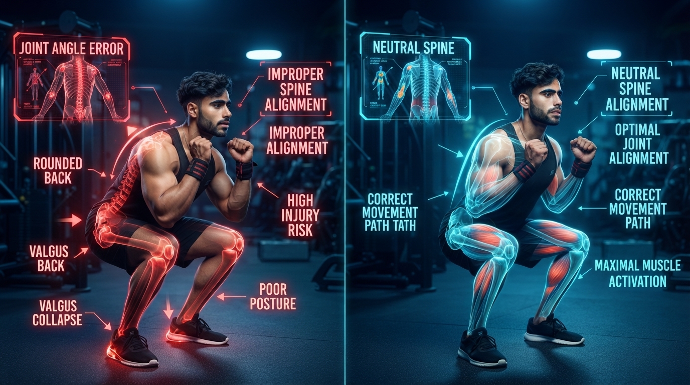 Illustration comparing incorrect and correct exercise technique during resistance training.