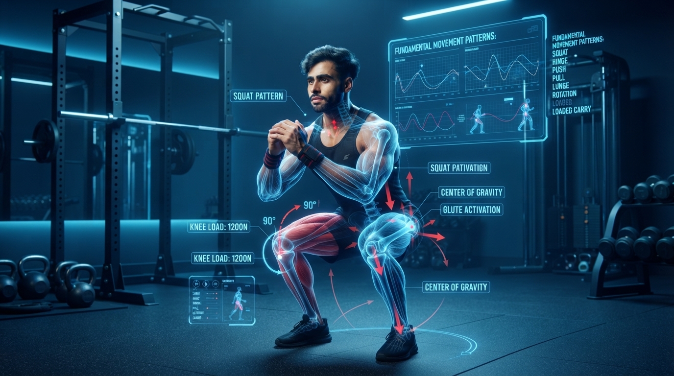 Illustration showing fundamental movement patterns and biomechanics during resistance training.