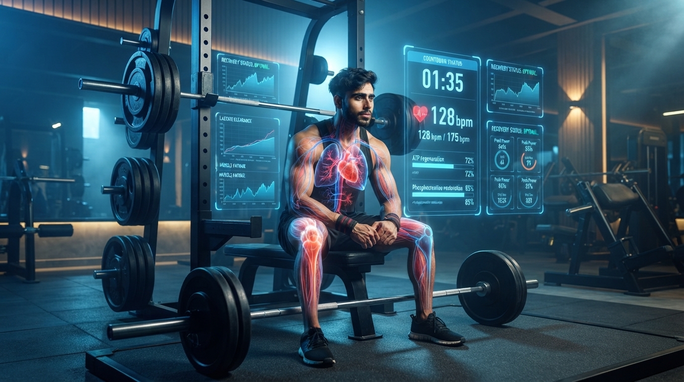 Illustration showing an athlete resting between resistance training sets.