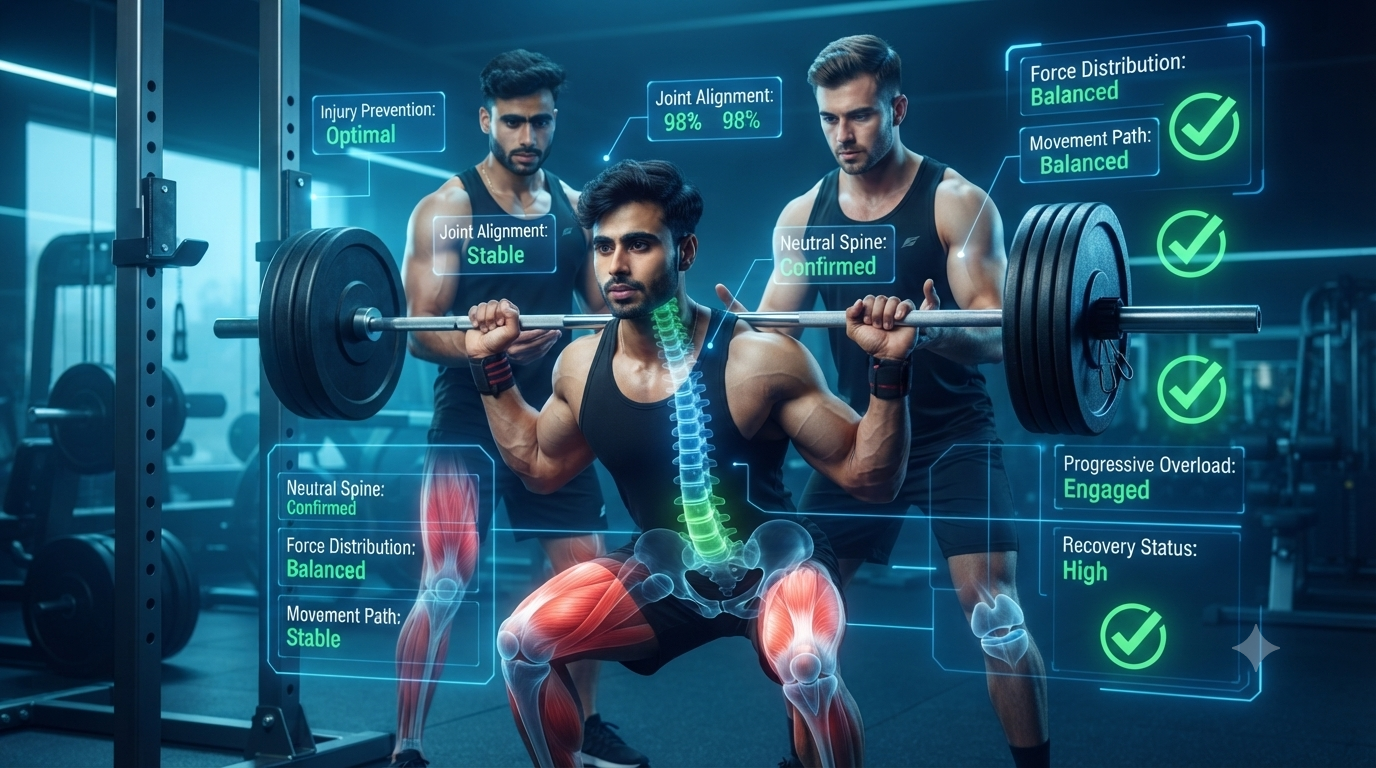 Illustration showing proper exercise technique and injury prevention during strength training.
