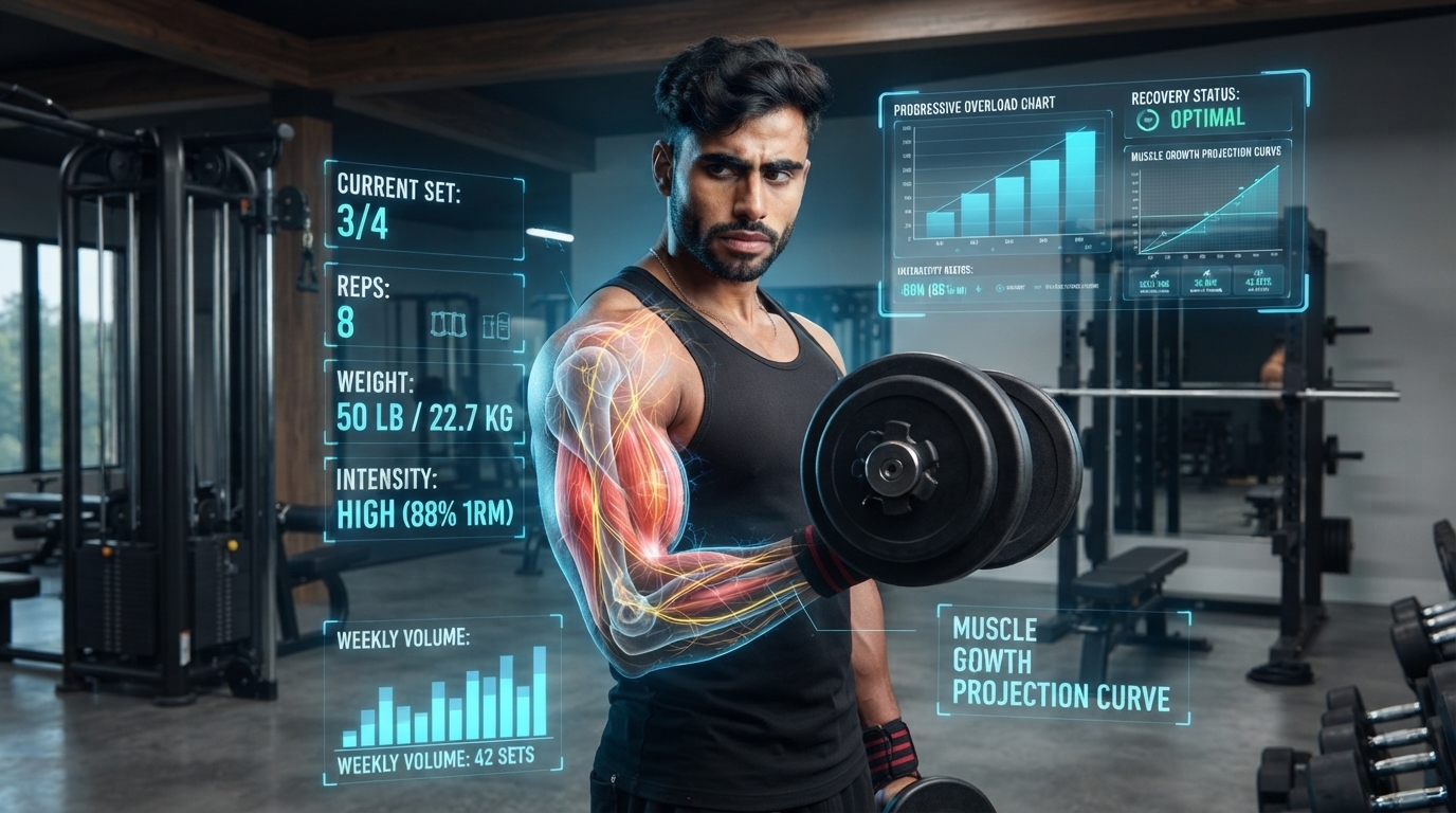 Illustration showing training volume, intensity, and workout frequency in resistance training.