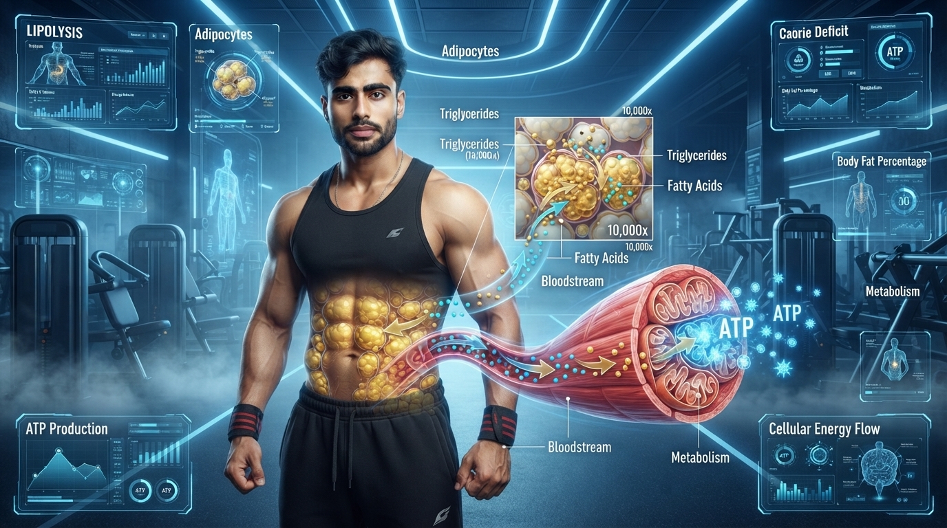 Illustration showing fat cells releasing stored fat through lipolysis.