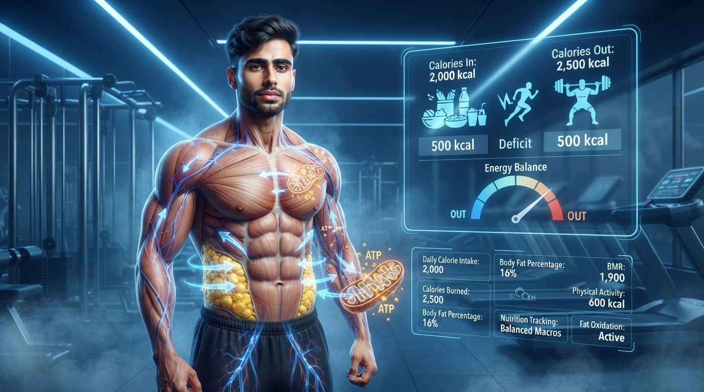 Illustration showing a calorie deficit leading to body fat being used for energy.