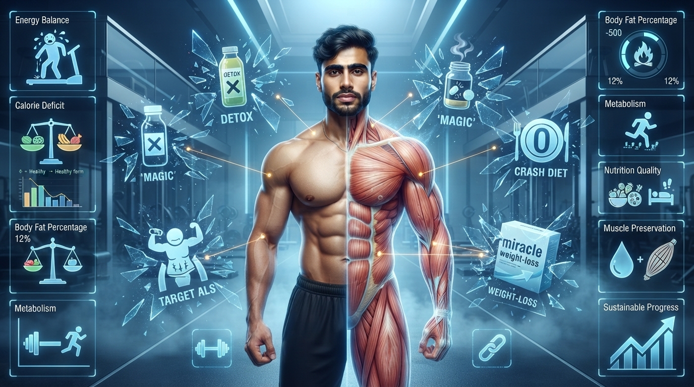 Illustration showing common fat loss myths replaced with evidence-based fitness science.