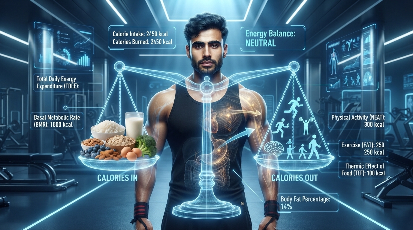 Illustration showing calorie intake versus calorie expenditure.