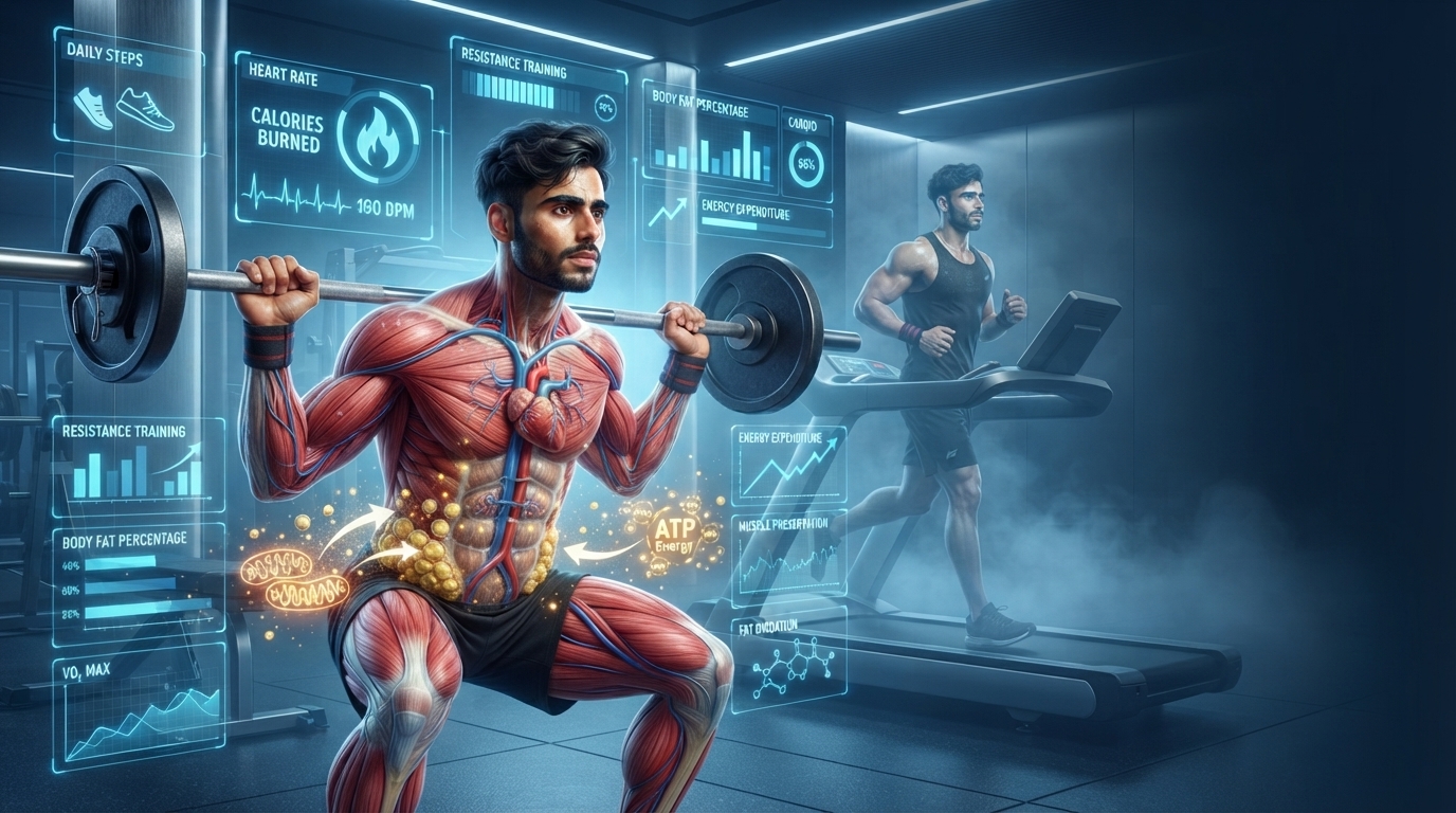 Illustration showing resistance training and cardio supporting fat loss.