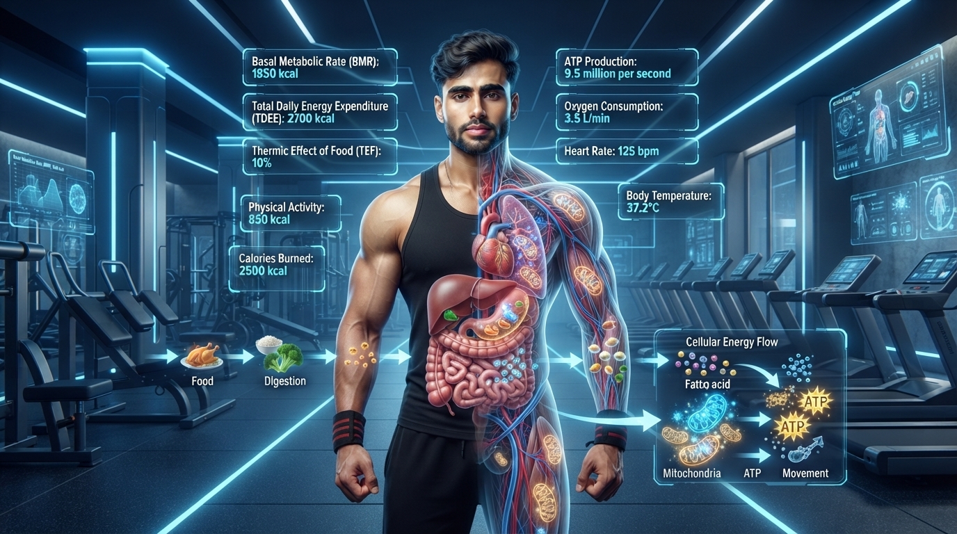 Illustration showing metabolism converting food into energy.