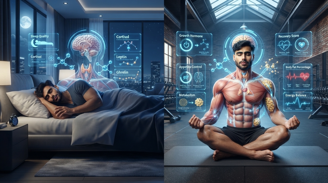Illustration showing how sleep, stress, and hormones influence fat loss.