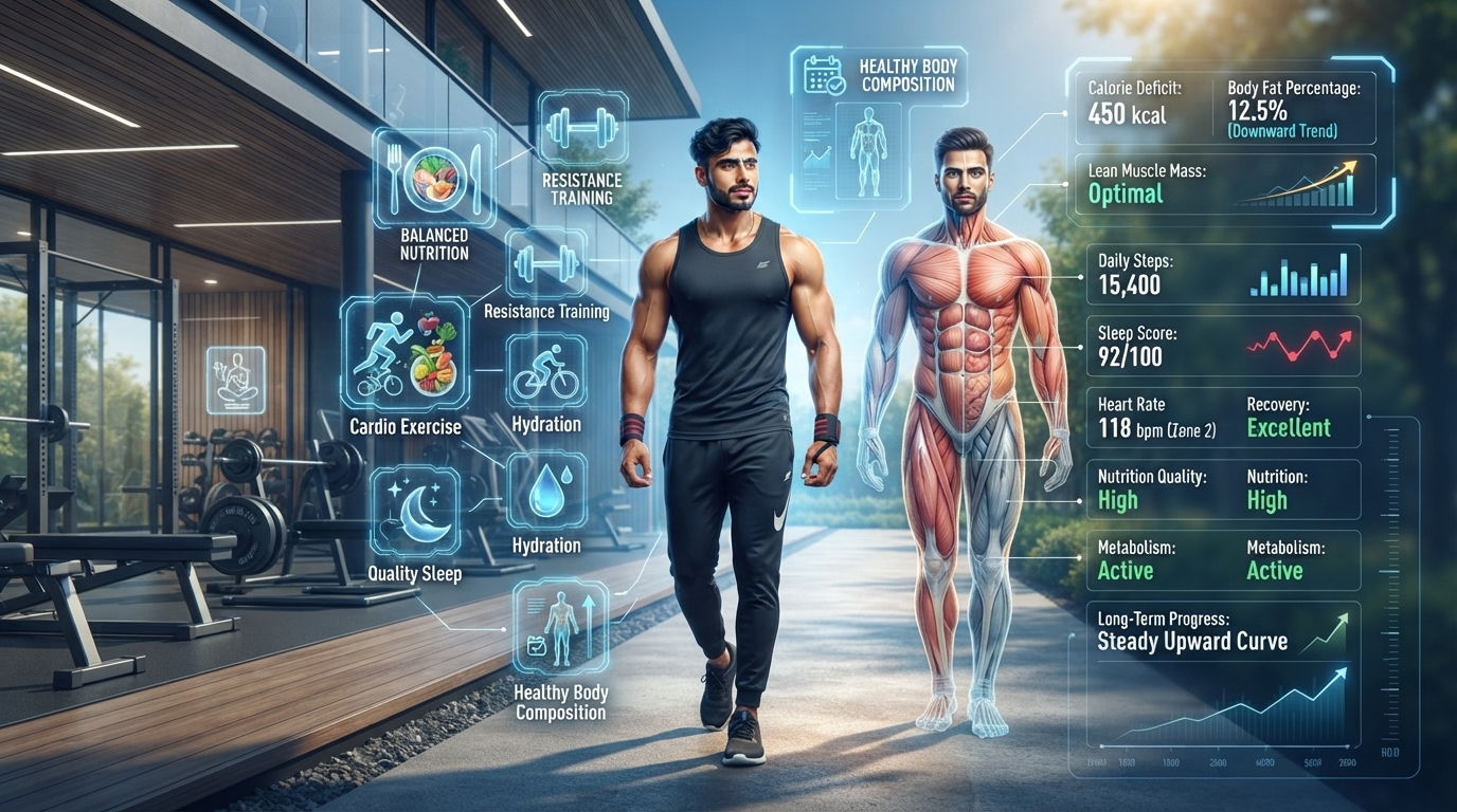Illustration showing healthy lifestyle habits supporting sustainable fat loss.