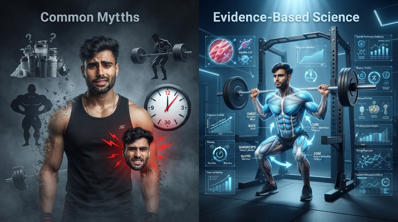 Illustration showing common muscle building myths being replaced with evidence-based fitness science.