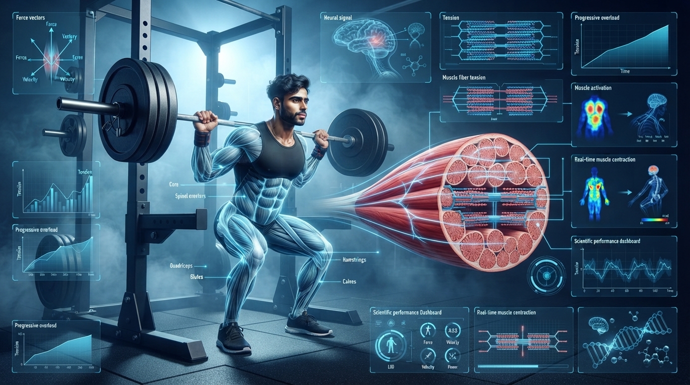 Illustration showing muscle fibers experiencing mechanical tension during resistance training.