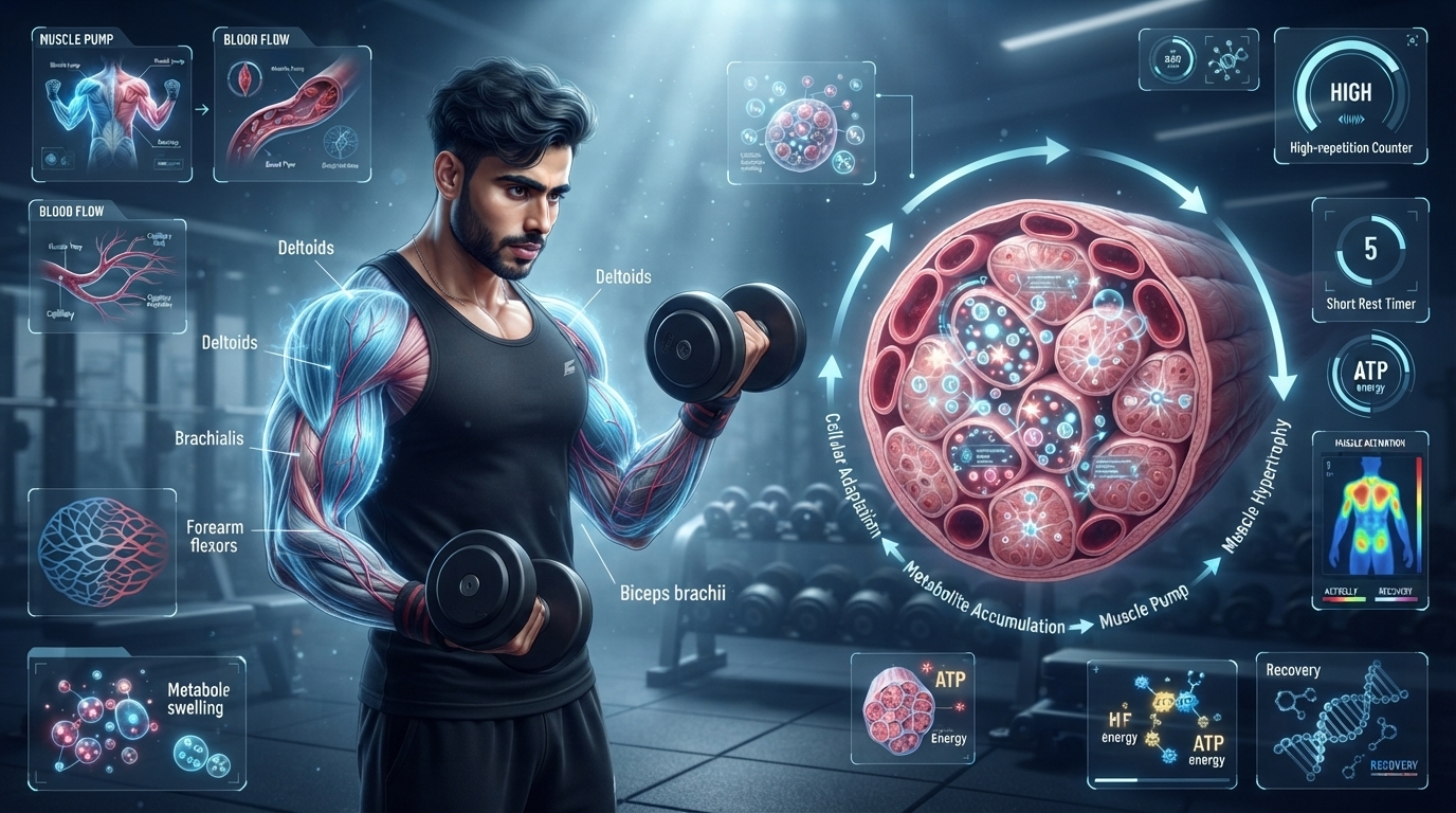 Illustration showing metabolic stress and muscle pump during resistance training.