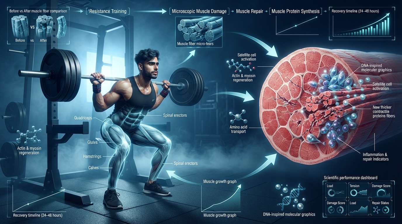 Illustration showing microscopic muscle fiber damage after resistance training.