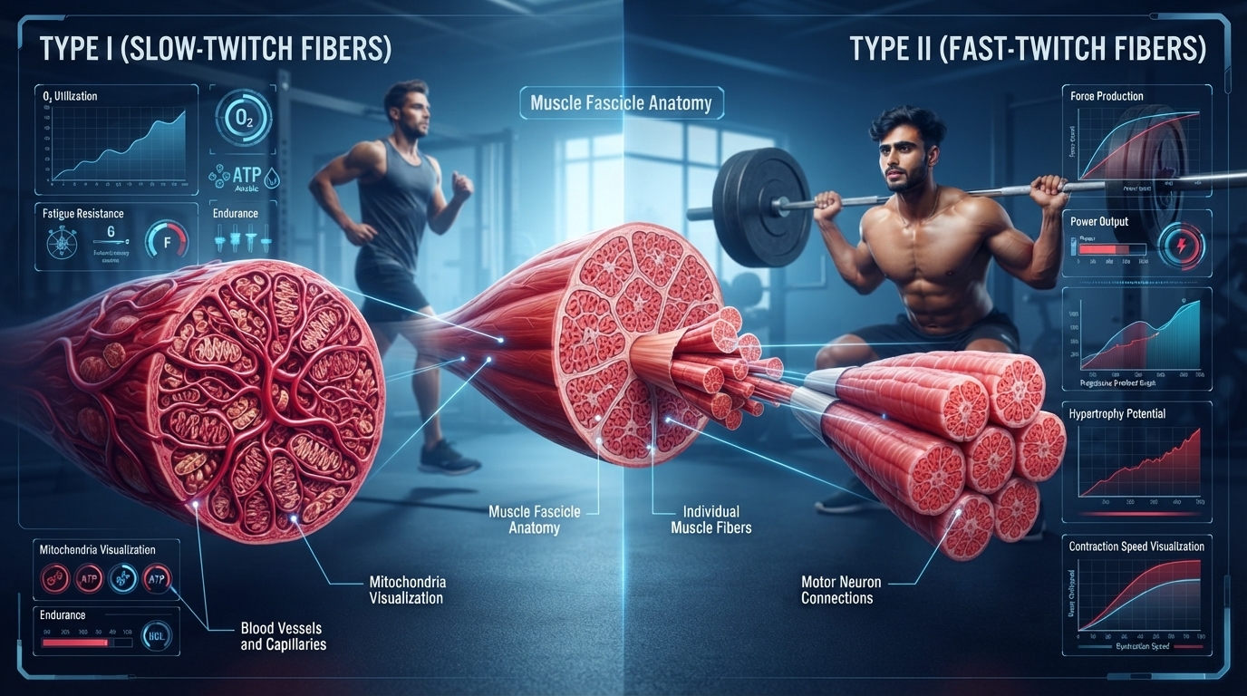 Illustration comparing Type I and Type II muscle fibers.