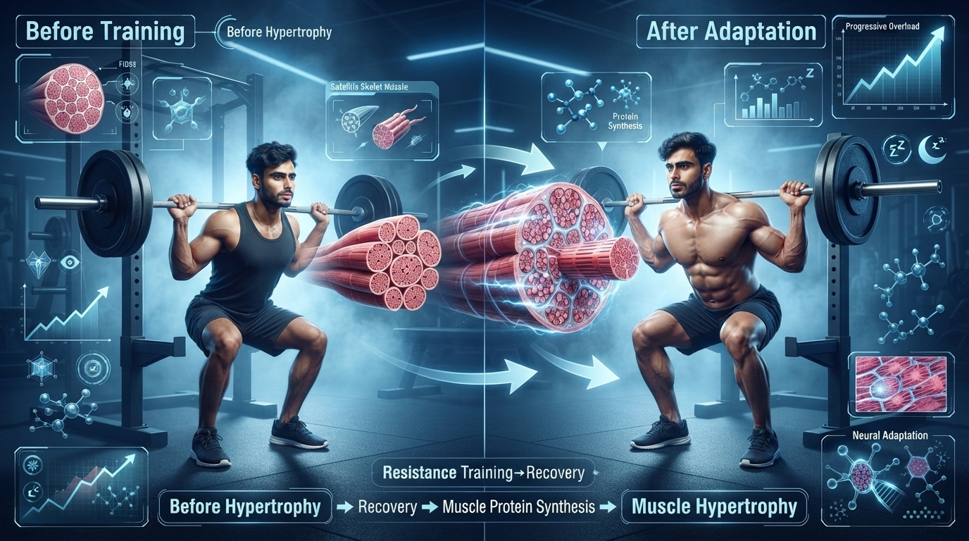 Illustration showing muscle fibers increasing in size during hypertrophy.