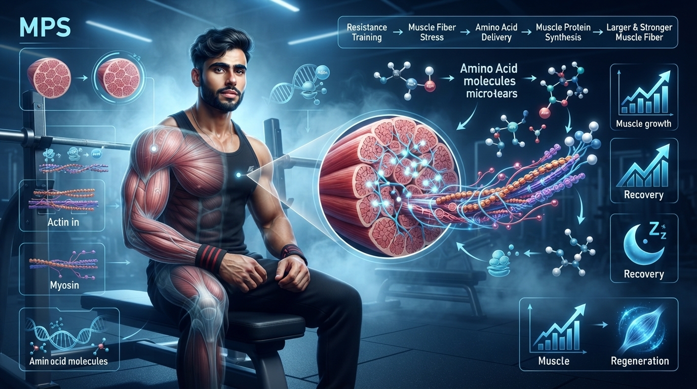 Illustration showing muscle protein synthesis repairing and growing muscle fibers.