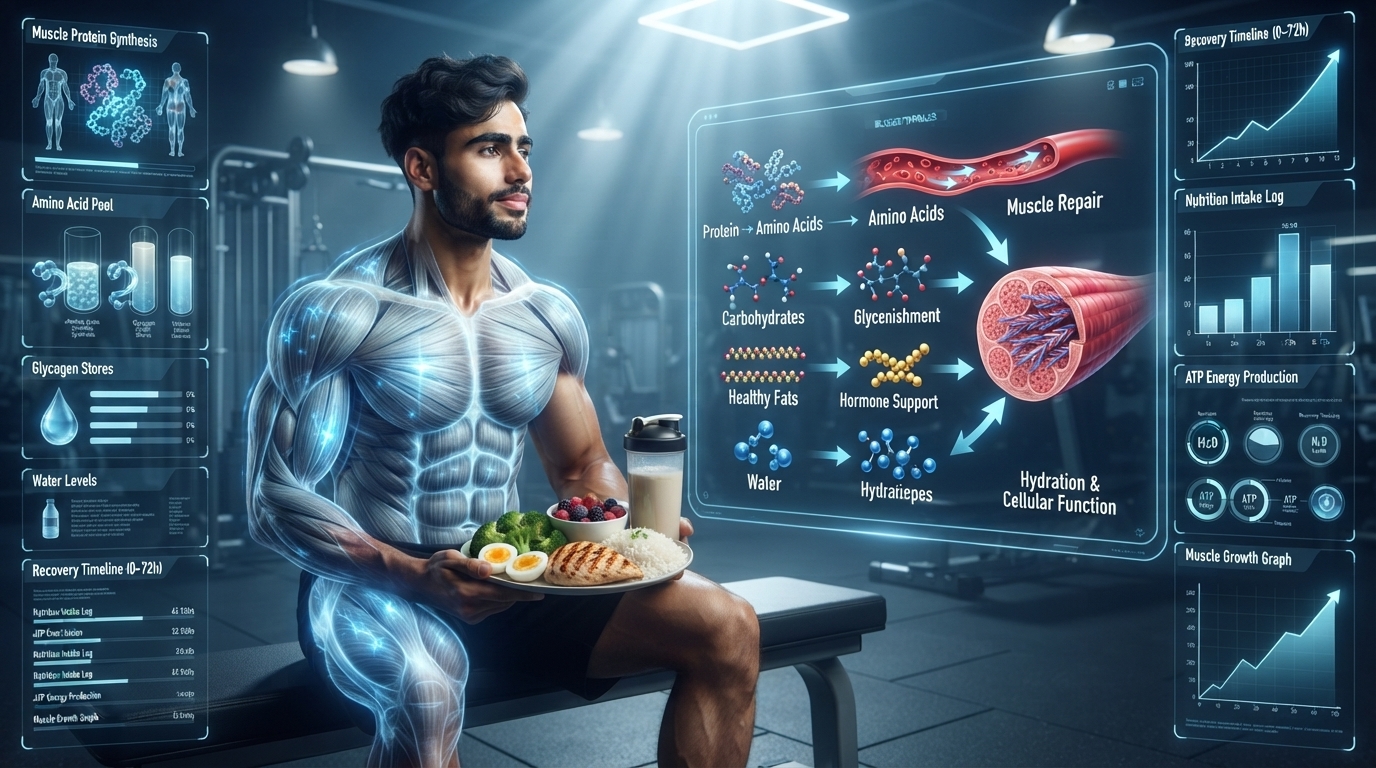 Illustration showing nutrition supporting muscle growth after resistance training.