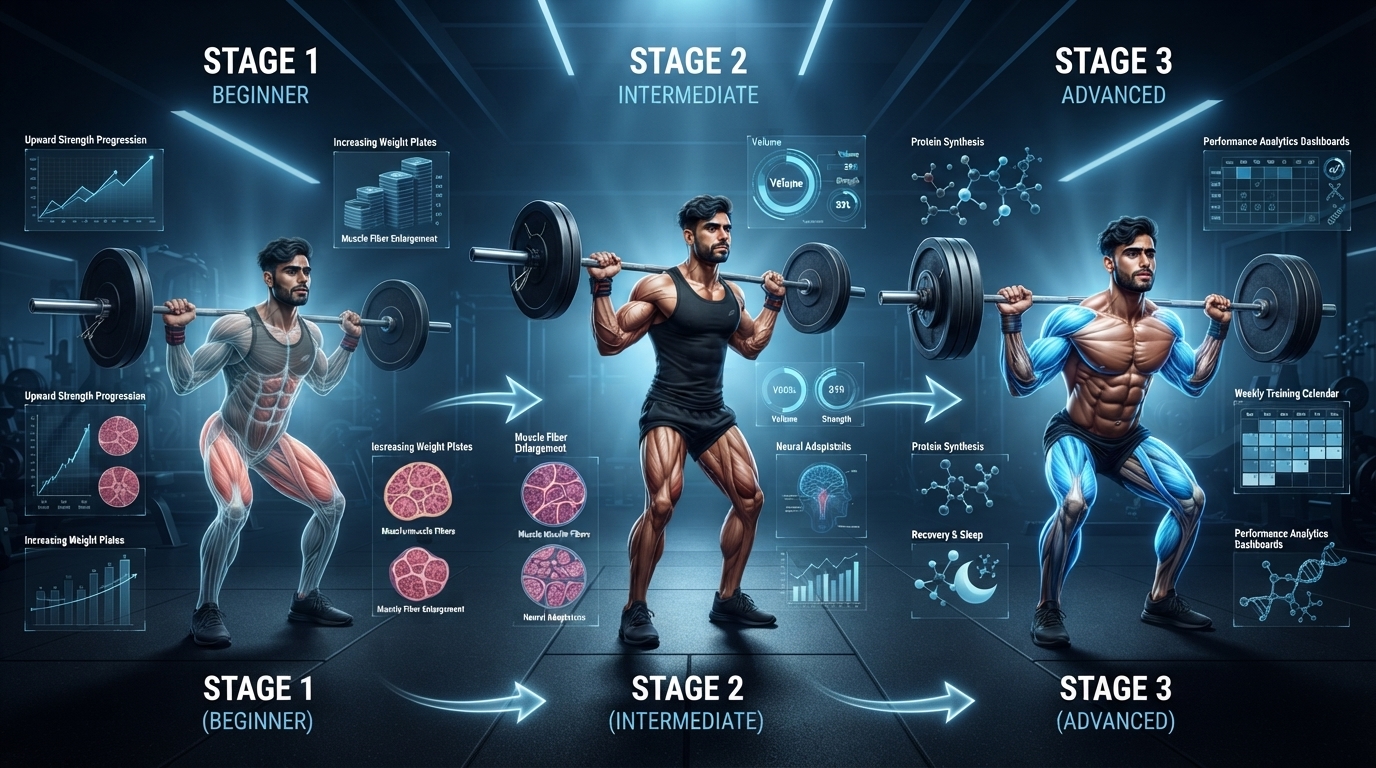 Illustration showing progressive overload through increasing training intensity and muscle adaptation.