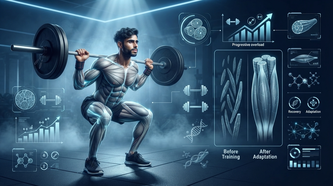 Illustration showing muscle growth after resistance training.